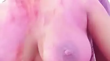 Husband Is Playing Big Boobs Of Pregnant Wife In Holi - Huge Boobs