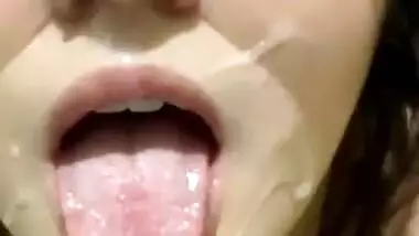 Cute Girl With Glasses Takes Cum In Mouth Swallows And Licks It Nicely